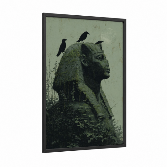 Verdant Sphinx framed art print — black wood frame — sage green and black palette