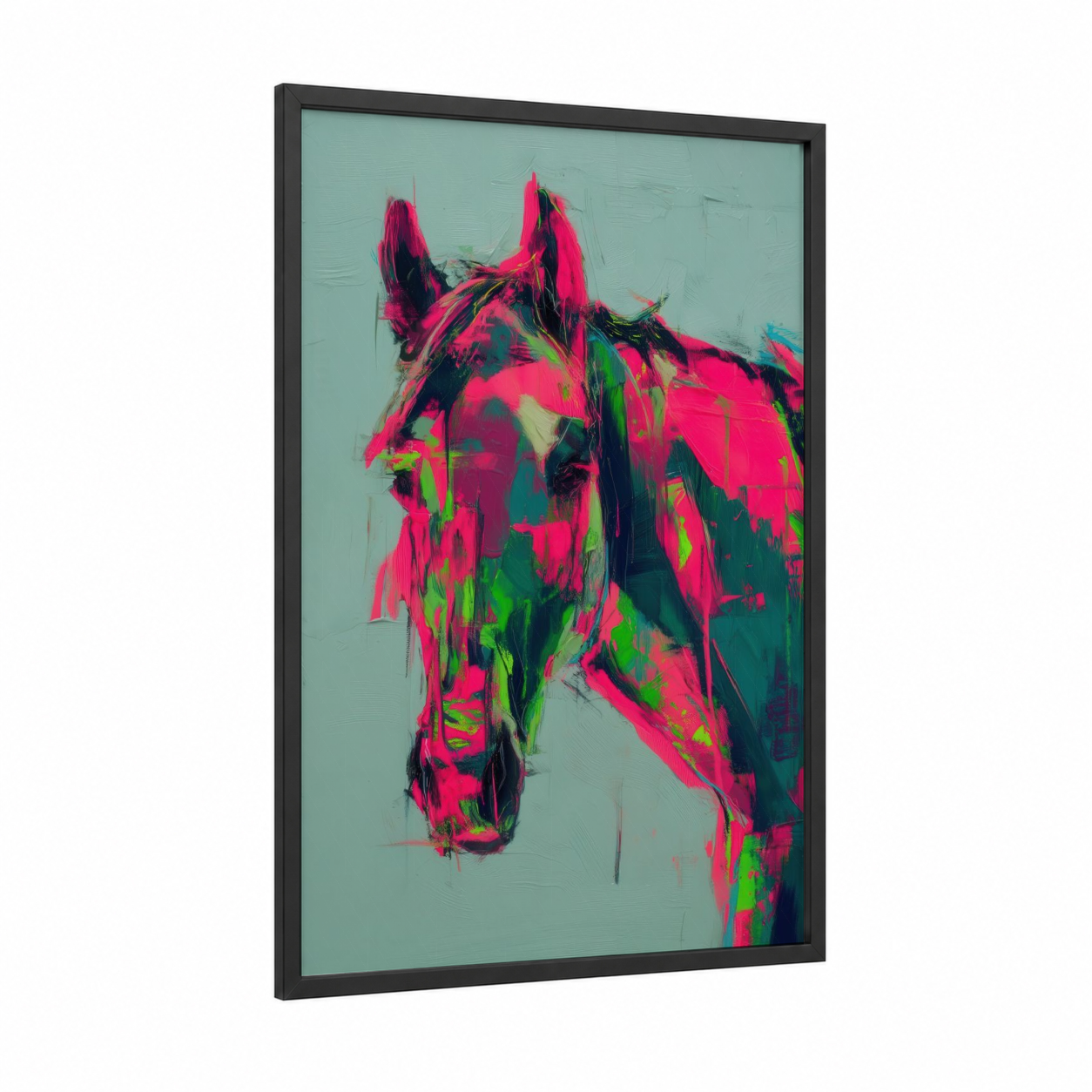 Neon Thoroughbred framed thoroughbred horse print — black wood frame — magenta and lime green palette