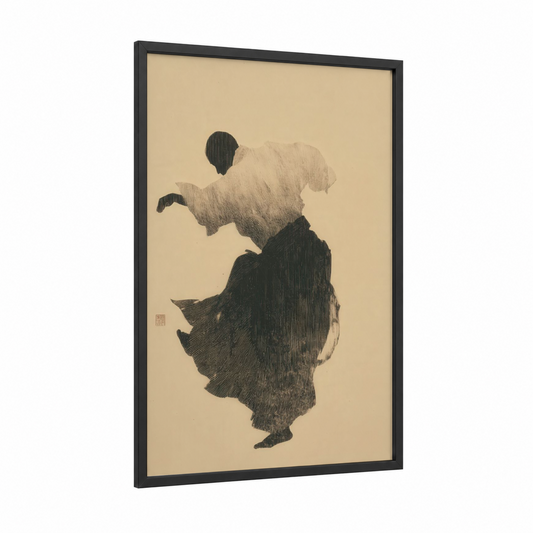 Grappling Momentum framed jiu jutsu print — black wood frame — black and white and cream palette