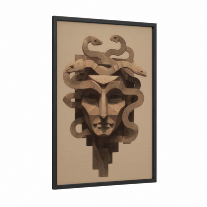 Stone Medusa framed art print — black wood frame — beige and brown palette