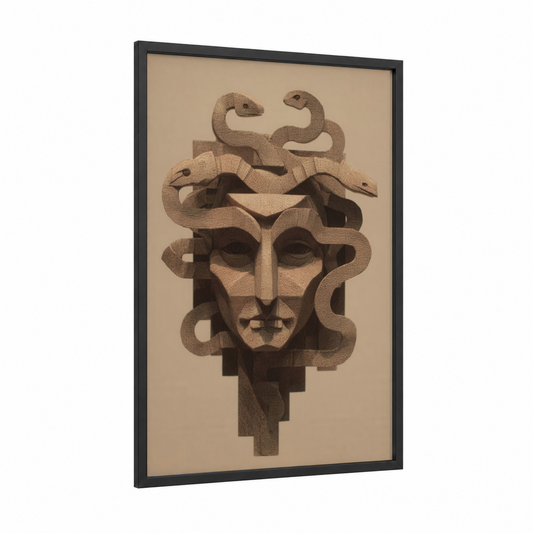 Stone Medusa framed art print — black wood frame — beige and brown palette