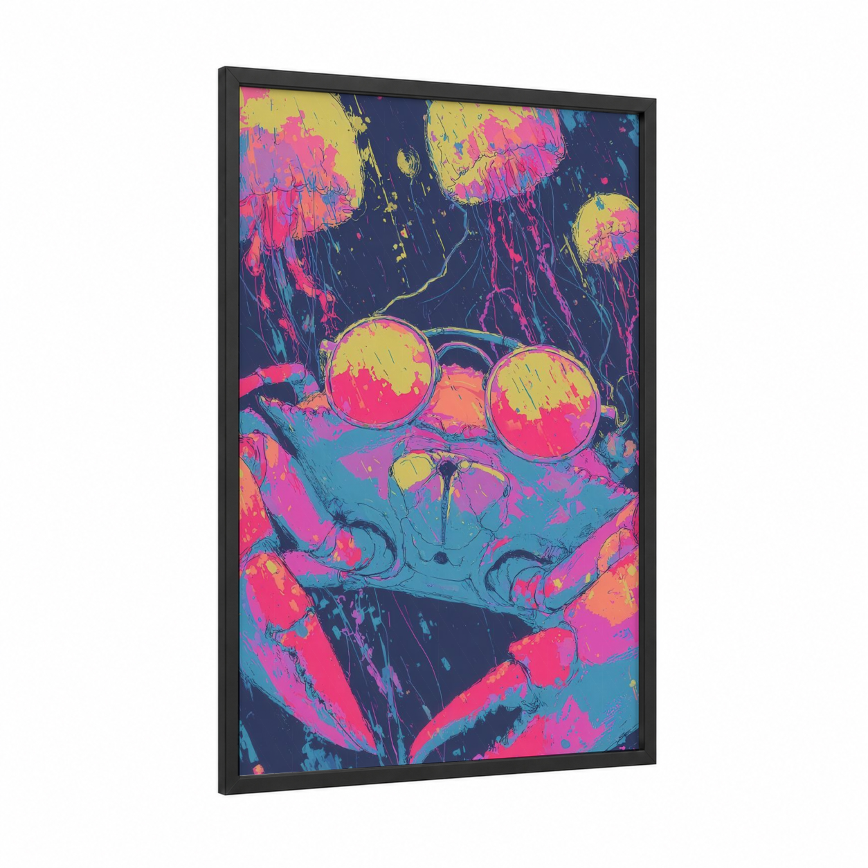 Neon Crab framed art print — black wood frame — magenta and yellow gold palette
