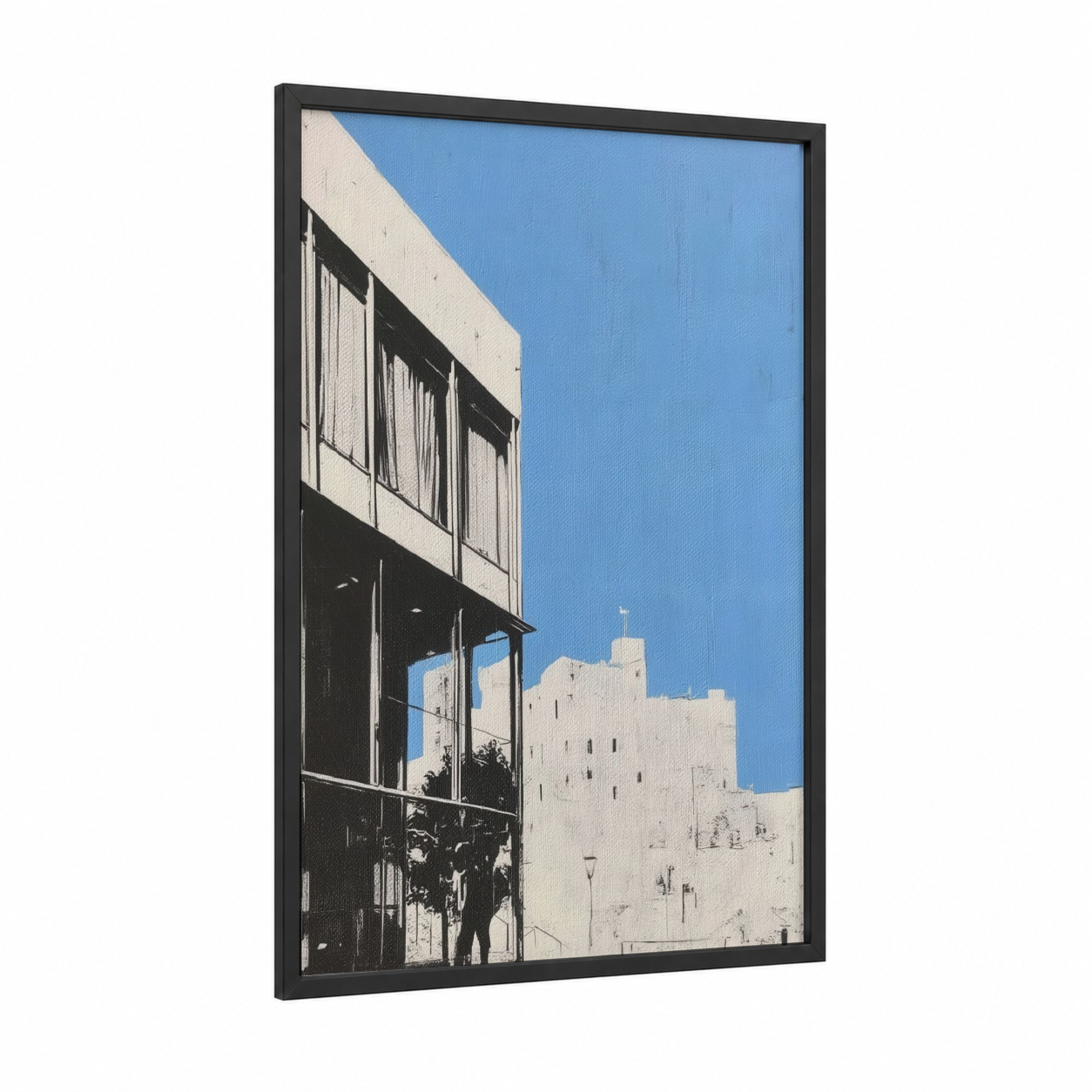 Modernist Geometry framed abstract architecture print — black wood frame — blue and black and white palette