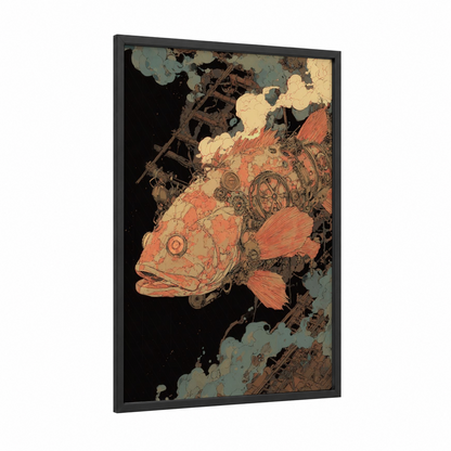 Steampunk Snook framed art print — black wood frame — orange and sage green palette