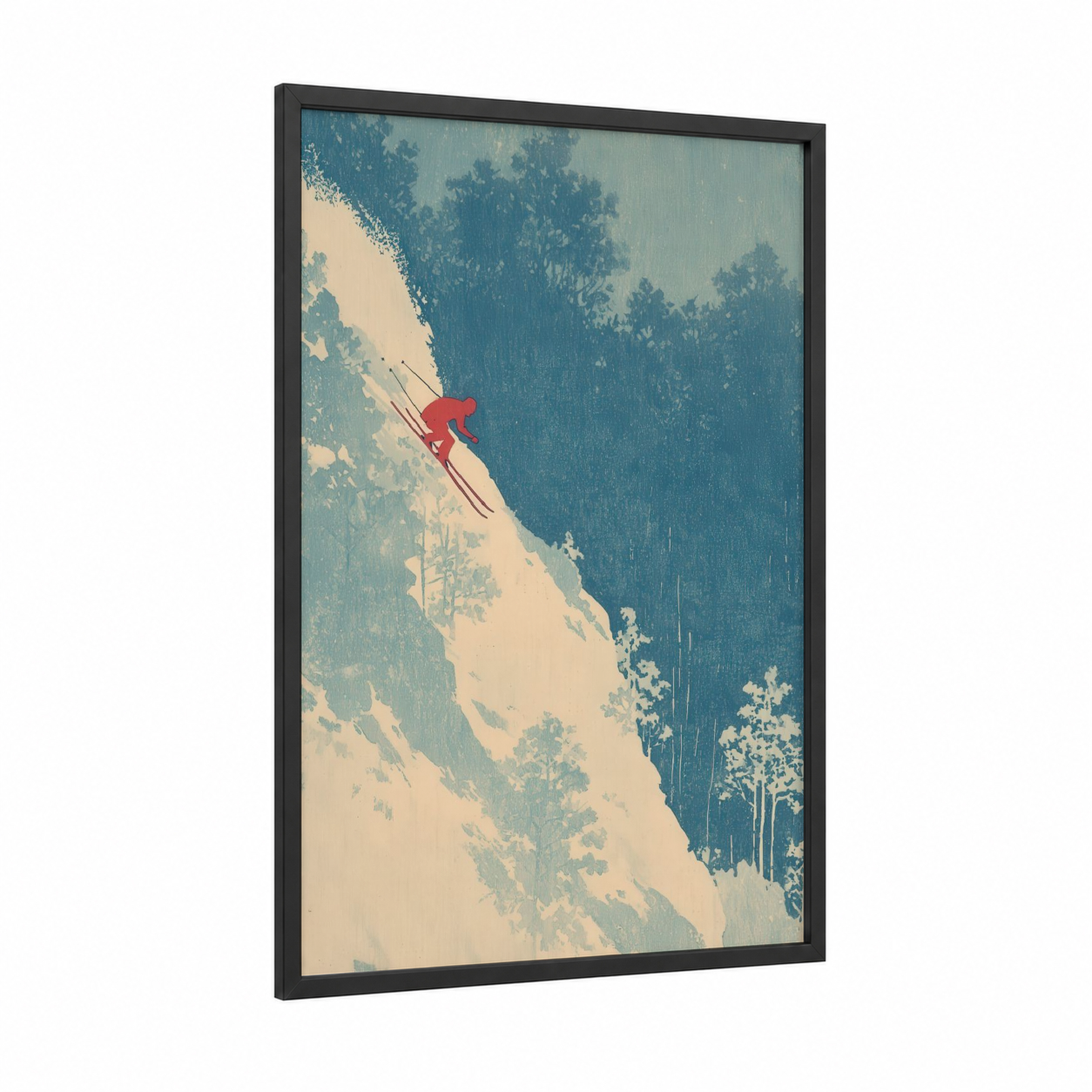 Alpine Descent framed skiing print — black wood frame — blue and white and cream palette