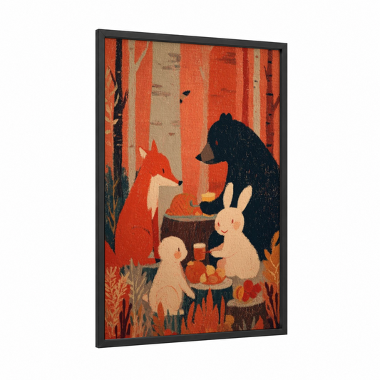 Forest Thanksgiving Gathering framed art print — black wood frame — red and orange palette