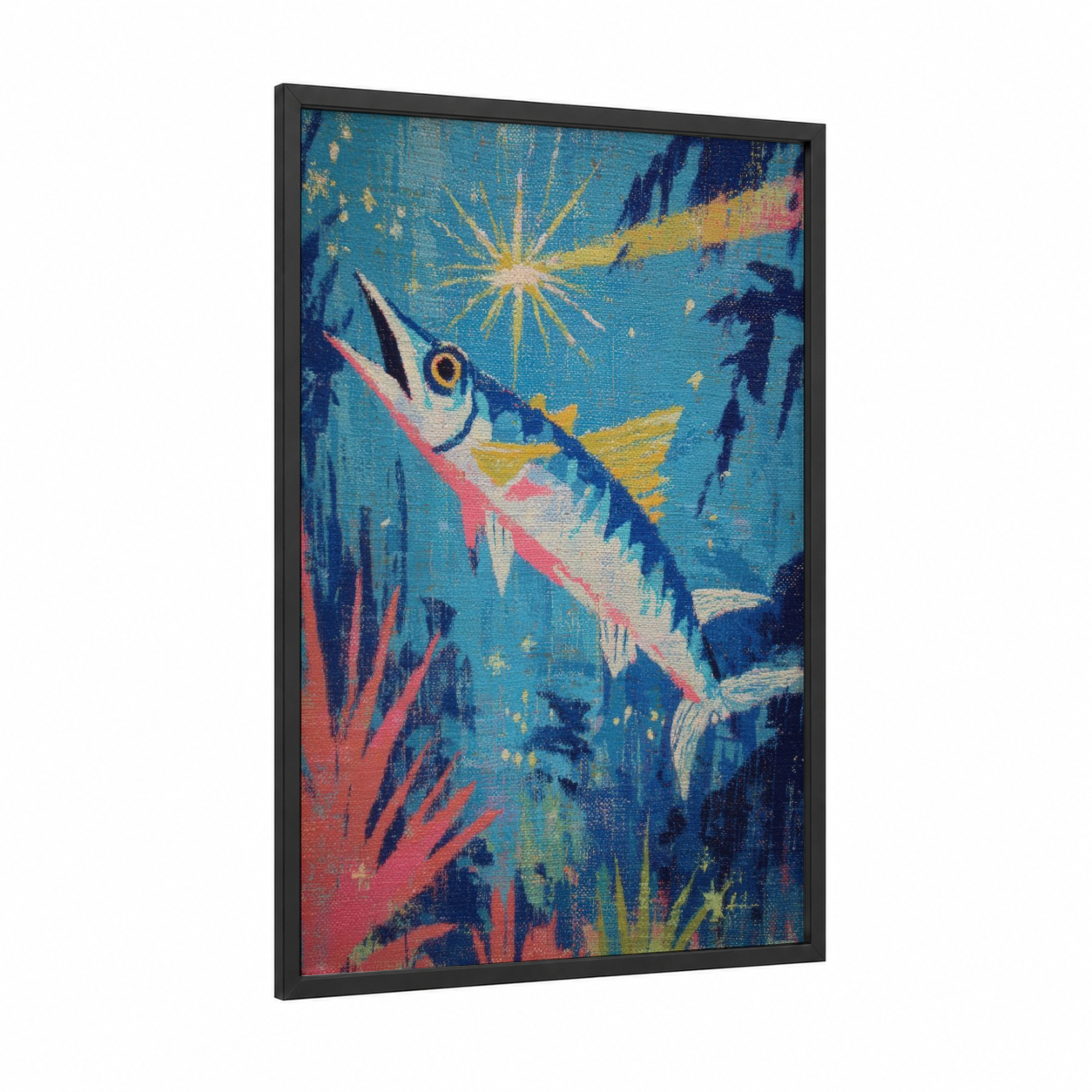 Tropical Wahoo framed art print — black wood frame — blue and gold palette
