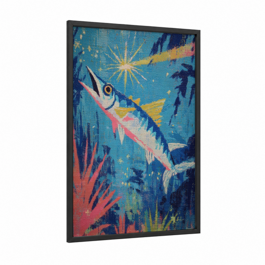 Tropical Wahoo framed art print — black wood frame — blue and gold palette