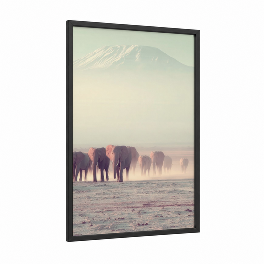 Misty Elephant Herd framed savanna elephant print — black wood frame — cream and peach palette