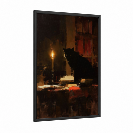 Candlelit Panther framed art print — black wood frame — black and gold and russet palette