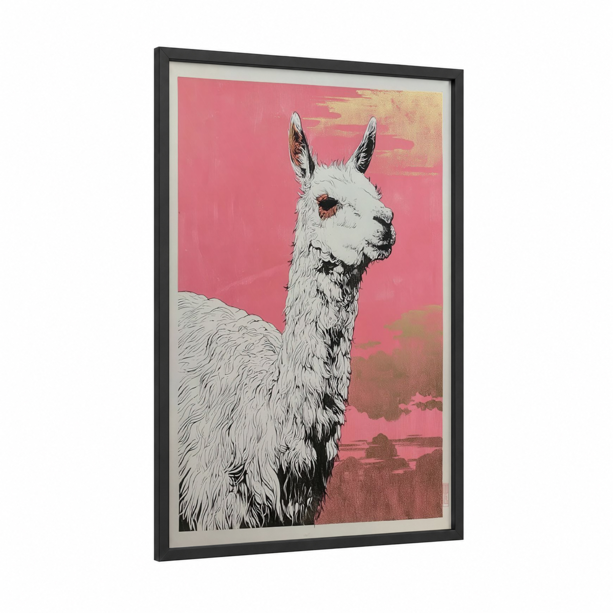 Pink Alpaca framed art print — black wood frame — pink and gold palette
