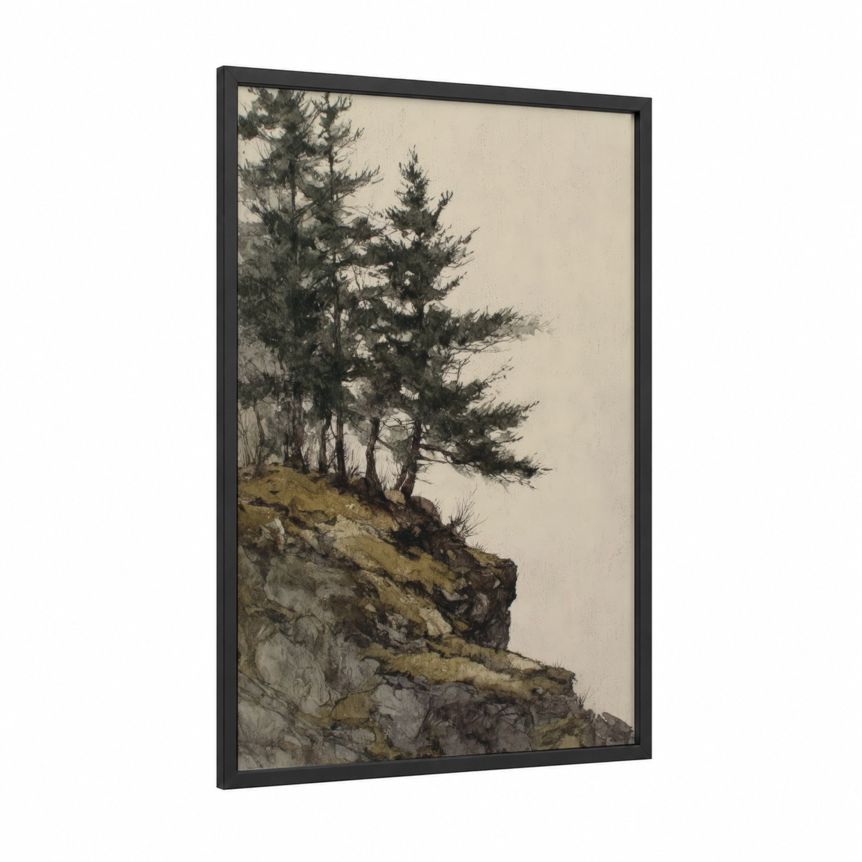 Windswept Pines framed forest trees print — black wood frame — gray and olive palette