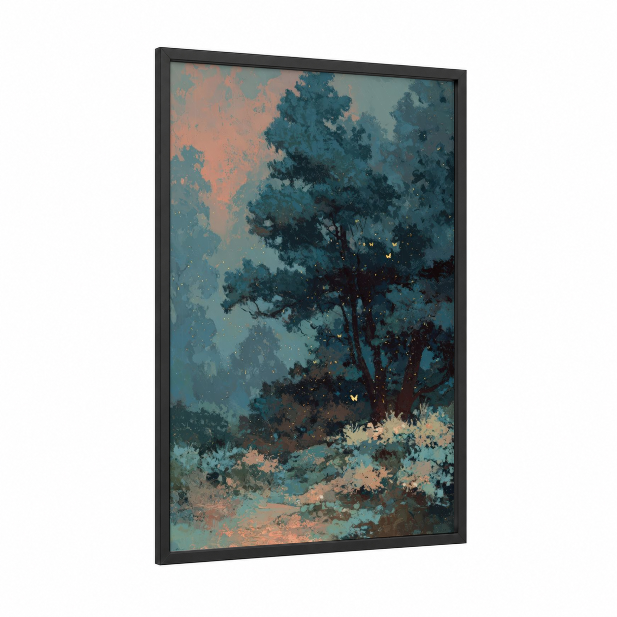 Twilight Cedar Forest framed cedar tree print — black wood frame — teal and peach palette