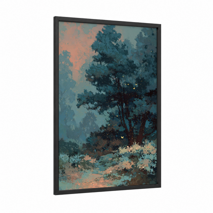 Twilight Cedar Forest framed cedar tree print — black wood frame — teal and peach palette