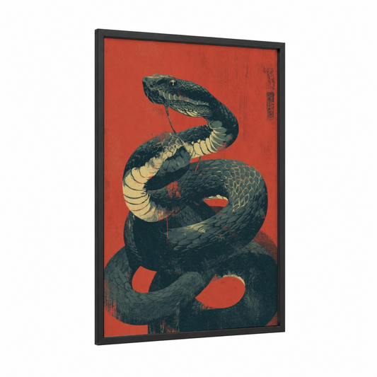Crimson Viper framed art print — black wood frame — red and black palette