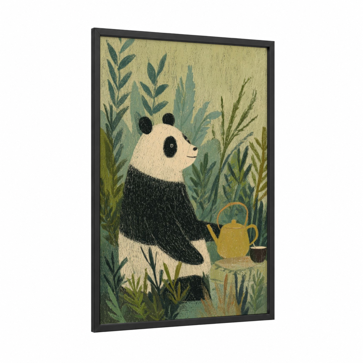 Garden Panda framed art print — black wood frame — sage green and cream palette