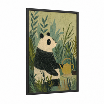 Garden Panda framed art print — black wood frame — sage green and cream palette