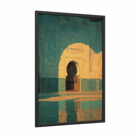 Teal Mosque Archway framed art print — black wood frame — teal and gold palette