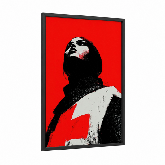 Defiant Joan framed joan of arc print — black wood frame — red and black and white palette