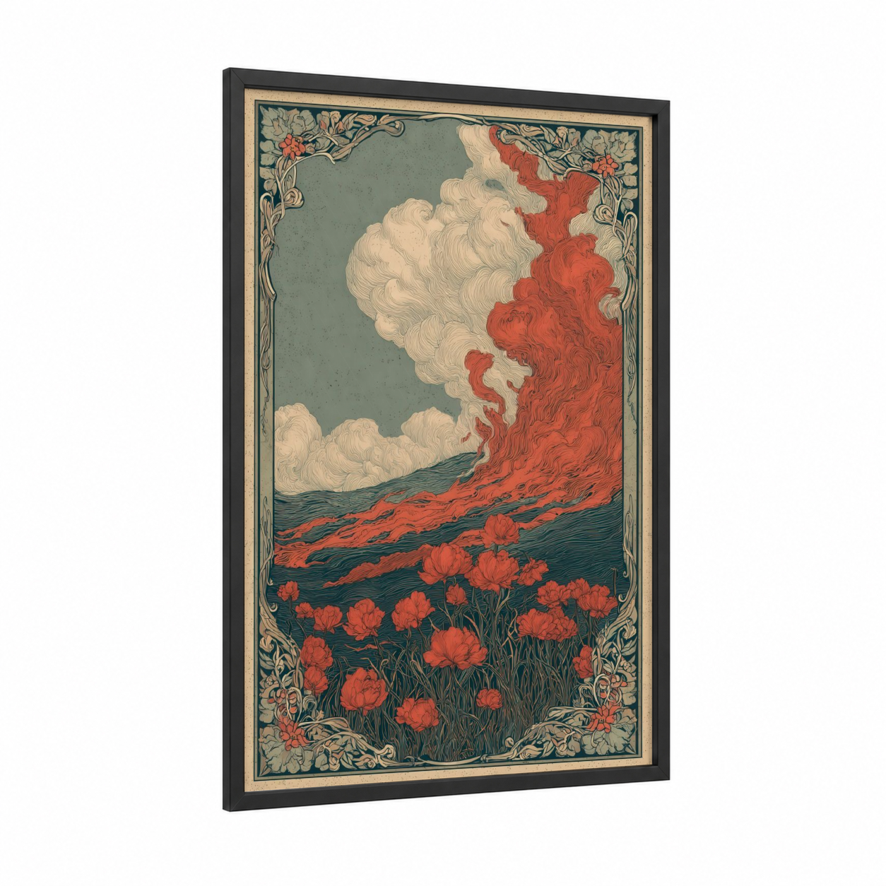 Crimson Volcano Eruption framed art print — black wood frame — red and sage green palette