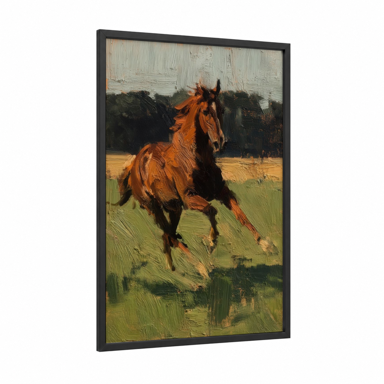 Chestnut Thoroughbred framed thoroughbred horse print — black wood frame — brown and green palette