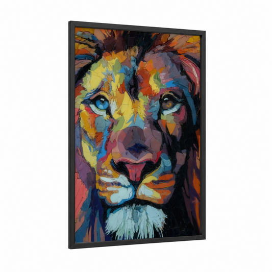 Colorful Lion Portrait framed art print — black wood frame — orange and blue palette