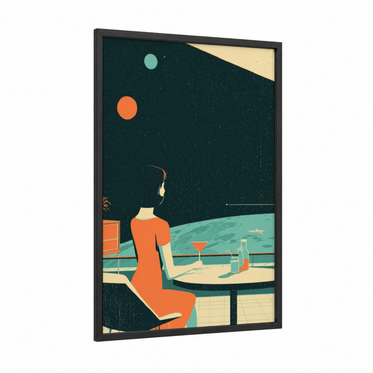 Celestial New Year framed new years eve print — black wood frame — dark blue and orange palette