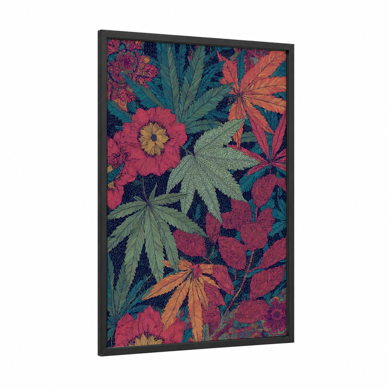 Botanical Cannabis Garden framed art print — black wood frame — magenta and dark blue palette