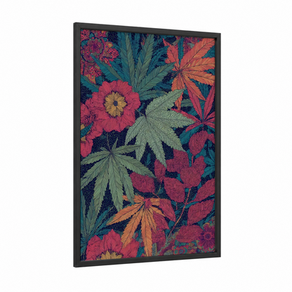 Botanical Cannabis Garden framed art print — black wood frame — magenta and dark blue palette
