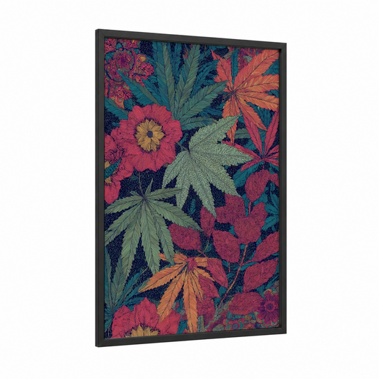 Botanical Cannabis Garden framed art print — black wood frame — magenta and dark blue palette