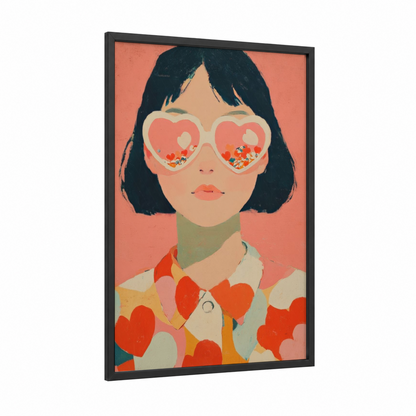 Love Vision Girl framed art for girl print — black wood frame — salmon pink and red palette