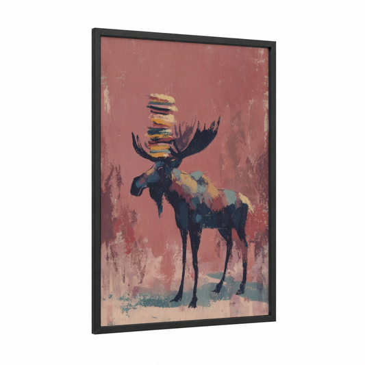 Mystical Moose framed art print — black wood frame — maroon and gold palette