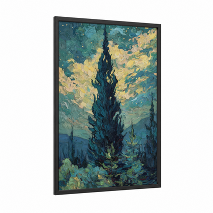 Starlit Cypress framed cypress tree print — black wood frame — teal and gold palette