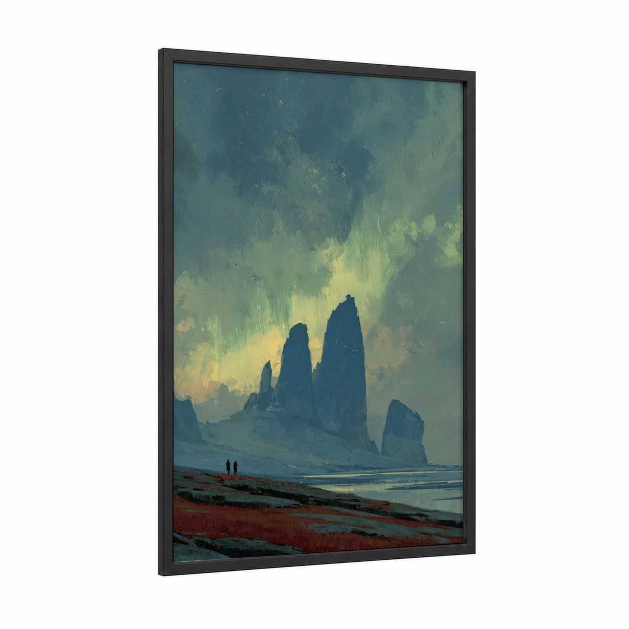 Arctic Sentinel framed northern lights print — black wood frame — blue and yellow palette
