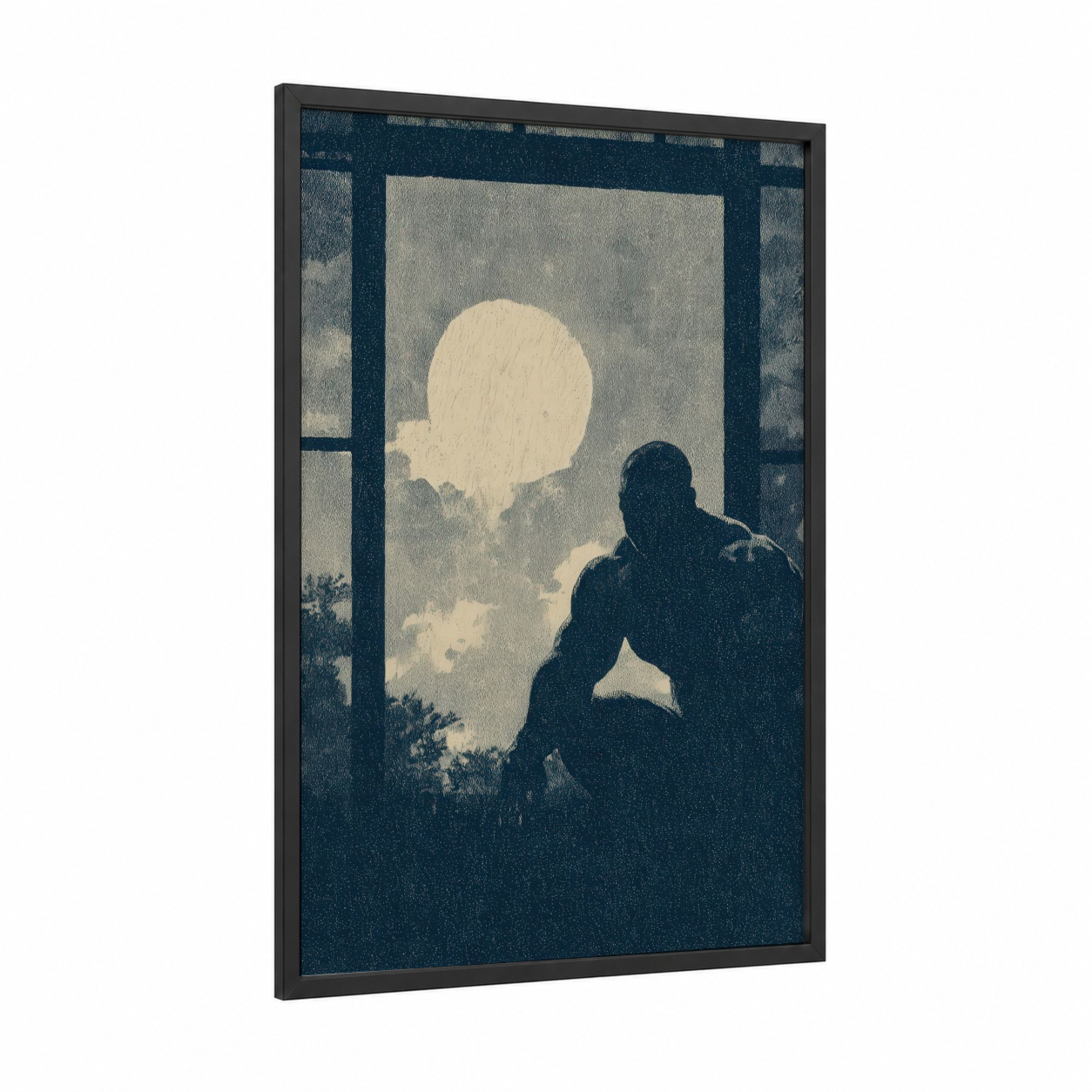 Moonlit Strength framed bodybuilding print — black wood frame — dark blue and cream palette