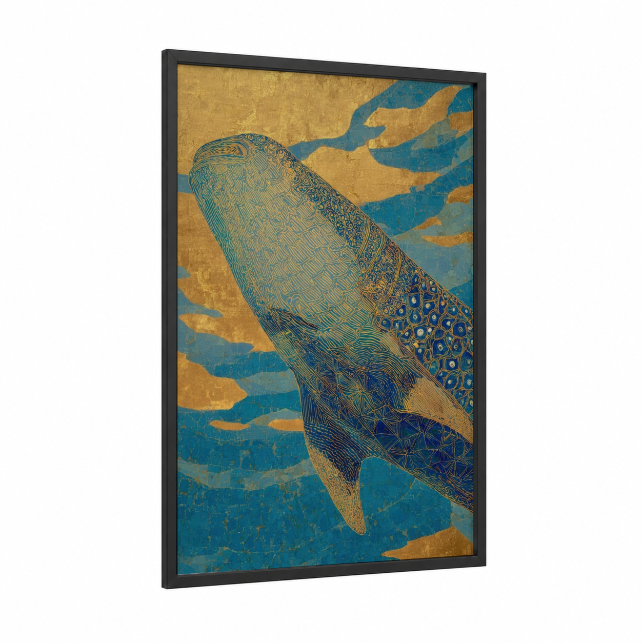 Golden Whale Shark framed art print — black wood frame — gold and teal palette