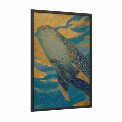 Golden Whale Shark framed art print — black wood frame — gold and teal palette