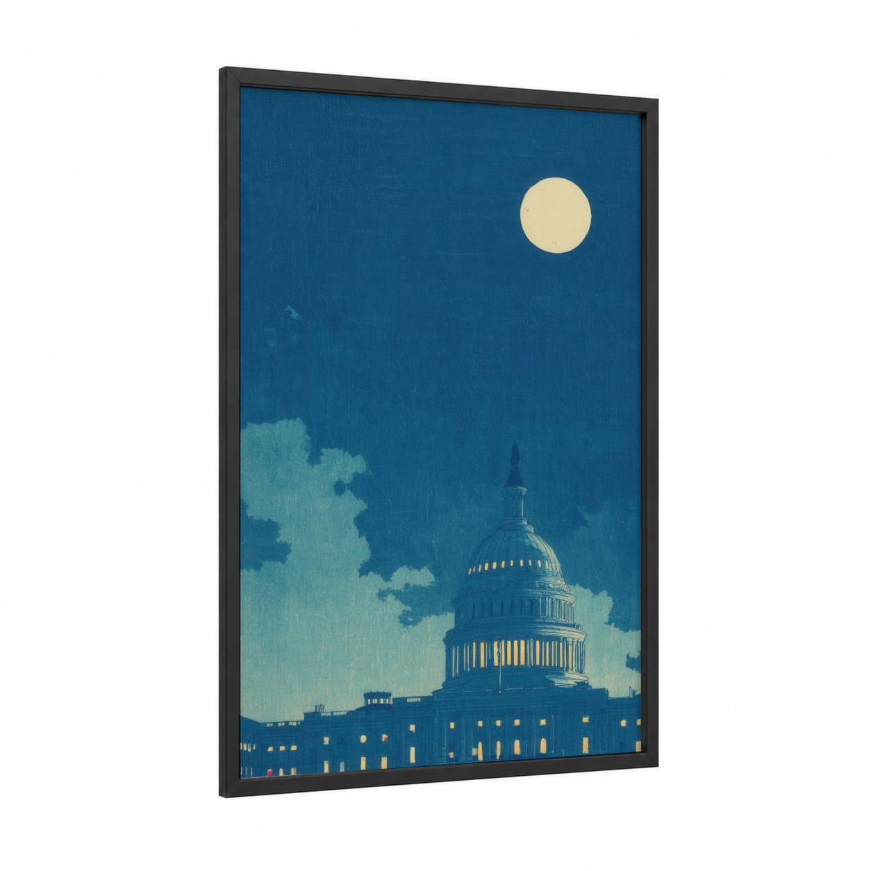 Moonlit Capitol framed us capitol print — black wood frame — blue and gold palette