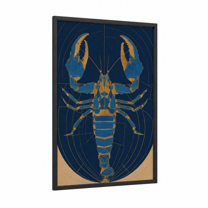 Scorpio Zodiac framed art print — black wood frame — dark blue and gold palette
