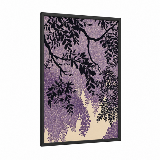 Cascading Wisteria framed art print — black wood frame — purple and cream palette