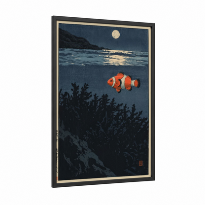 Moonlit Clown Fish framed art print — black wood frame — blue and orange palette