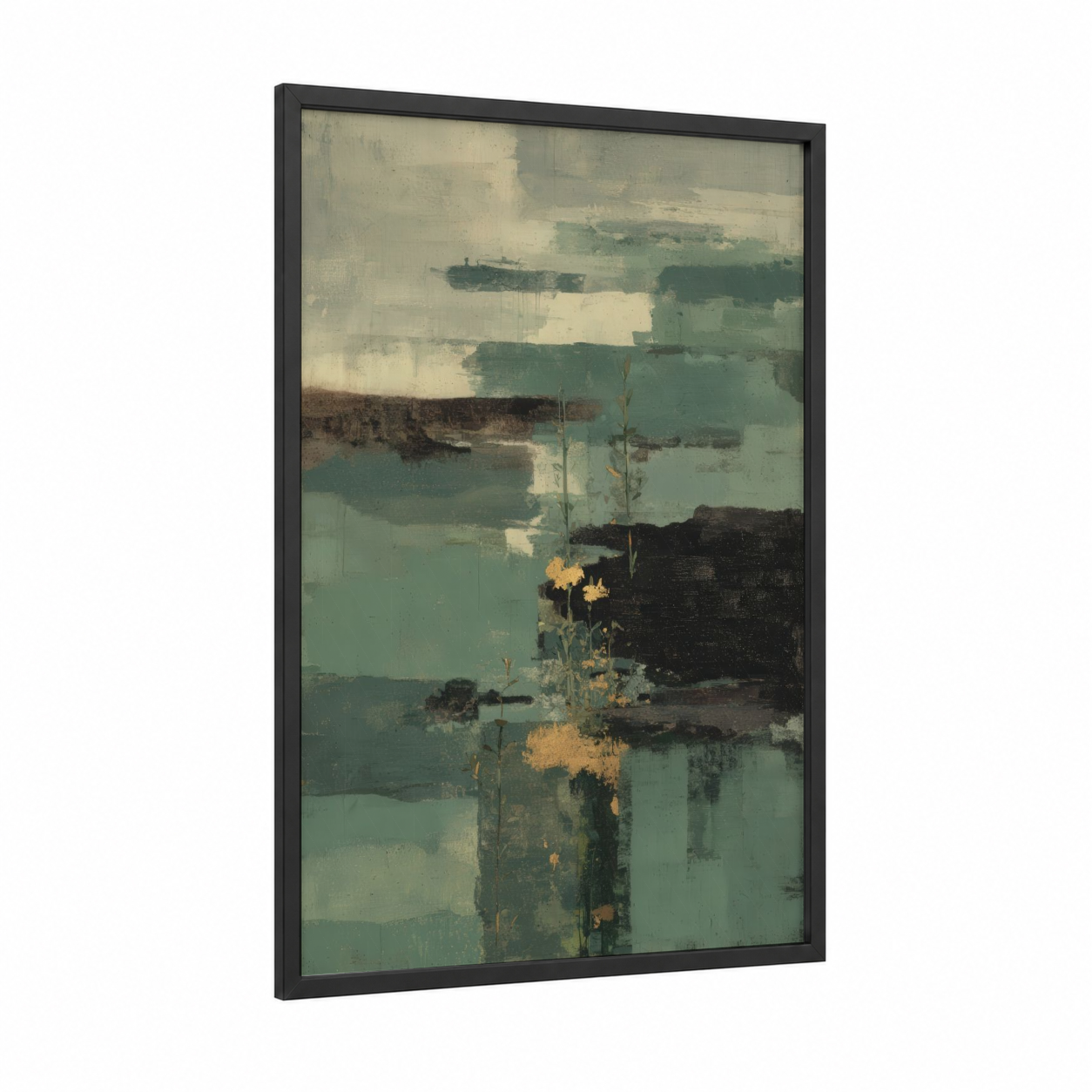Misty Olive Tree framed art print — black wood frame — sage green and cream palette