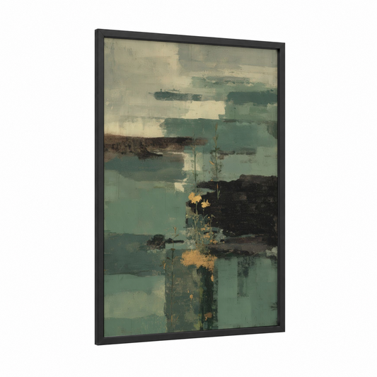 Misty Olive Tree framed art print — black wood frame — sage green and cream palette