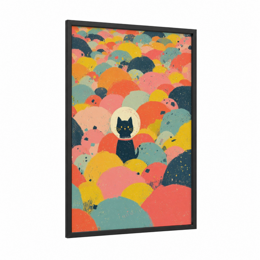 Cosmic Cat framed space print — black wood frame — orange and teal palette