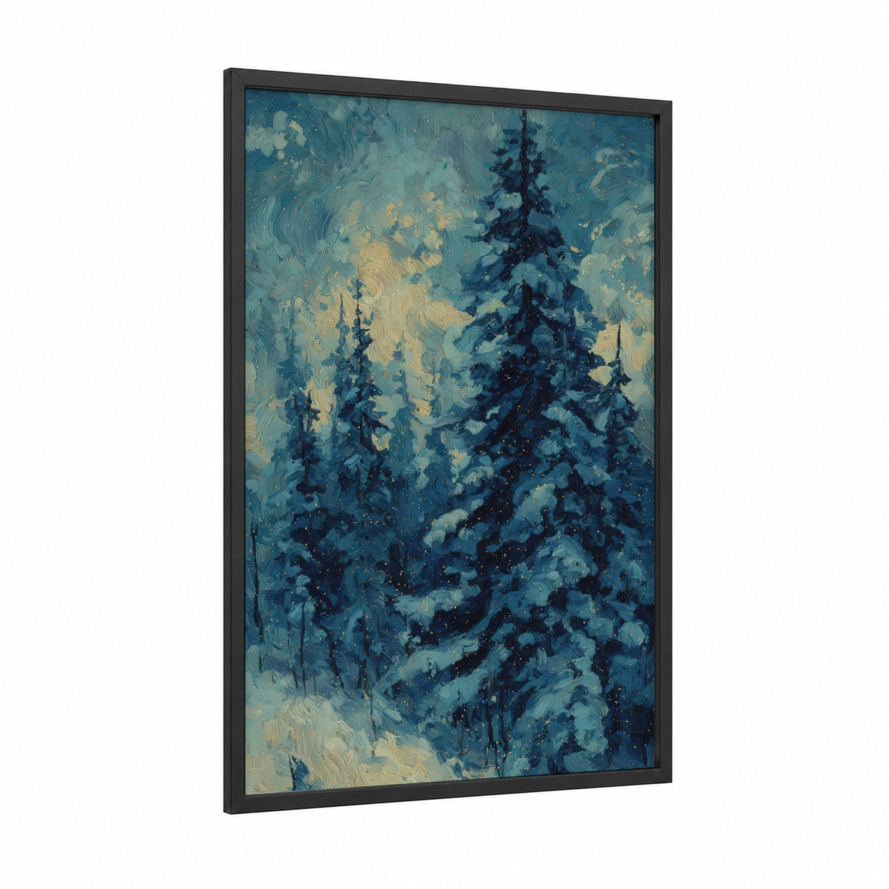 Snowy Forest Glow framed forest trees print — black wood frame — blue and gold palette