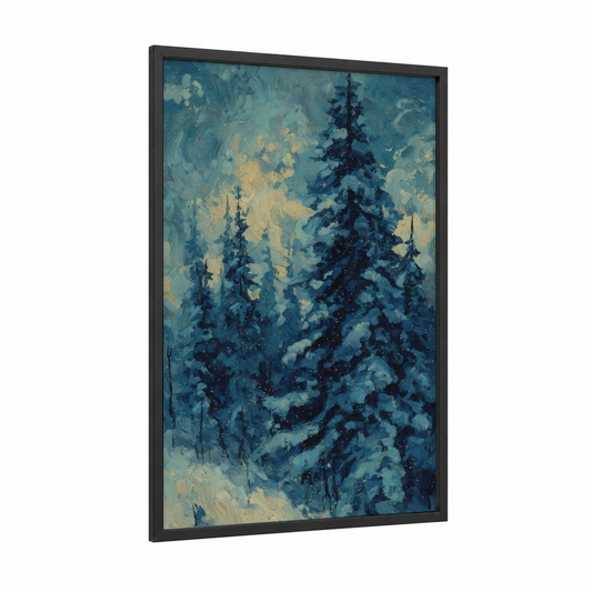 Snowy Forest Glow framed forest trees print — black wood frame — blue and gold palette