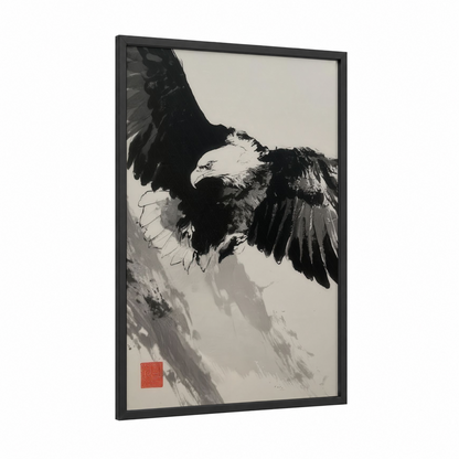 Soaring Eagle framed art print — black wood frame — black and white and gray palette