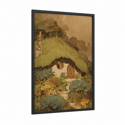 Thatched Cottage Garden framed art print — black wood frame — cream and sage green palette