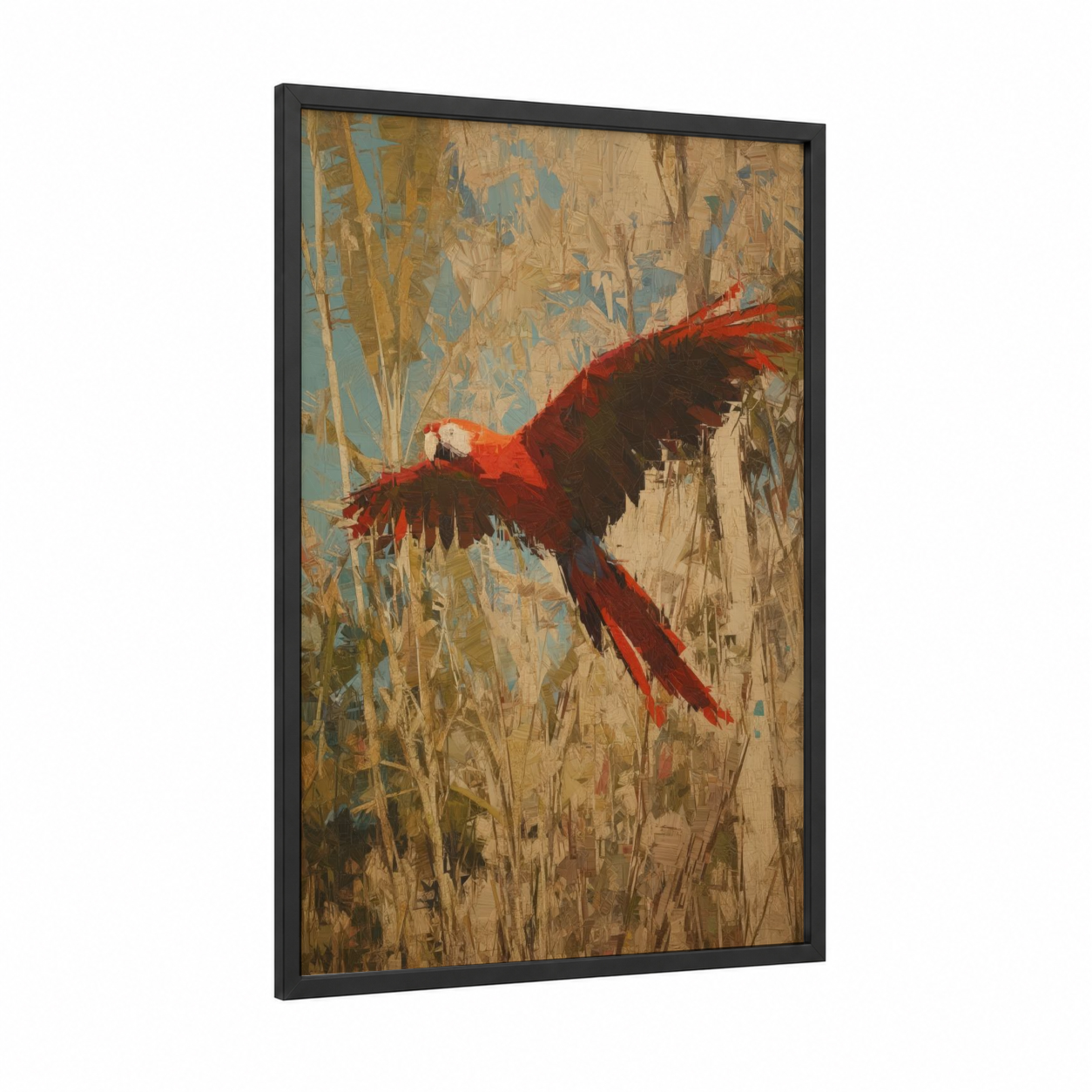 Scarlet Macaw Flight framed art print — black wood frame — red and gold palette