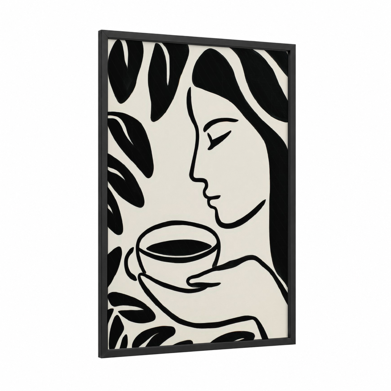 Morning Meditation Coffee framed art print — black wood frame — black and white palette